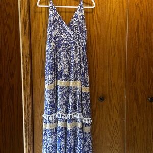 Magic Blue and White Floral Maxi Dress with Lace Bands